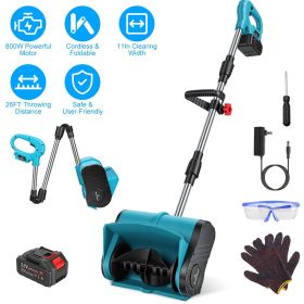 800W 21V 11In Cordless Snow Shovel Foldable Battery Powered Snow Thrower with Rechargeable Battery Gloves Goggles for Patio Driveway