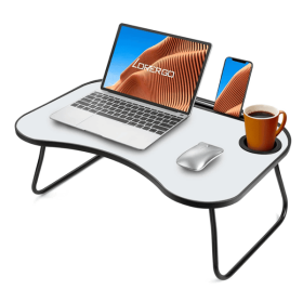 Portable Laptop Desk, Gray and White Matte Metal and Wood Construction, Foldable Design with Cup Holder, 26.5 x 18.5 Inches, for Bed, Car, Couch