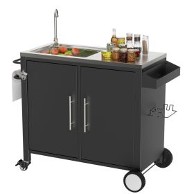 Outdoor Grill Table with Sink, Grill Cart with 304 Stainless Steel Sink and Cabinet, Outdoor Grill Cart,Outdoor Cart Sink Station with Wheels