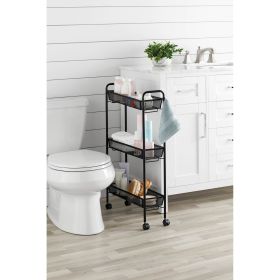 Slim 3-Tier Rolling Bathroom Storage Cart with Hooks, Black