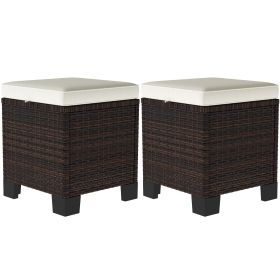 2 Piece Wicker Outdoor Ottomans With Cushions, Rattan Ottoman Footrest And Side Table For Patio, Yard, Poolside, Beige (Option: Beige)